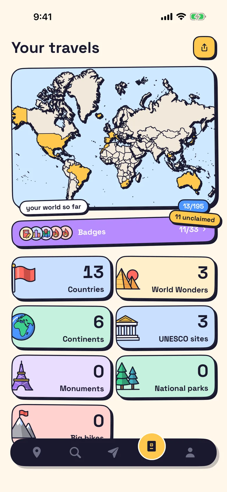 The Your travels screen: a scratch map of the world with visited countries in yellow and a row of badges